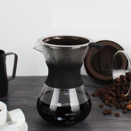  Pour Over Kaffeebereiter, Asixx Kaffeekanne aus Hitzebestandigem Borosilikatglas mit Edelstahlfilter mit der Skalenlinie, 10 x 11,5 x 15 cm, 400ml