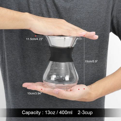  Pour Over Kaffeebereiter, Asixx Kaffeekanne aus Hitzebestandigem Borosilikatglas mit Edelstahlfilter mit der Skalenlinie, 10 x 11,5 x 15 cm, 400ml