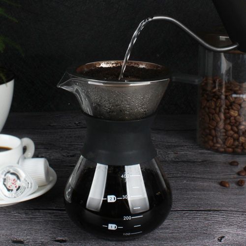  Pour Over Kaffeebereiter, Asixx Kaffeekanne aus Hitzebestandigem Borosilikatglas mit Edelstahlfilter mit der Skalenlinie, 10 x 11,5 x 15 cm, 400ml