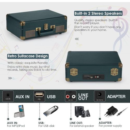  Asmuse Record Player 3-Speed Belt Drive Turntable for Vinyl Bluetooth Record Player with Built-in Stereo Speakers and RCA Output Yellow Wood Finish, Green