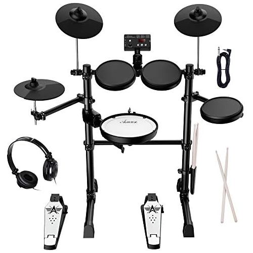  [아마존베스트]Electric drum set for beginners with 8 inch Mesh Snare Drum Rim Shot function USB MIDI with 2 Pairs of Drum Sticks and Headphone set Asmuse AD-20