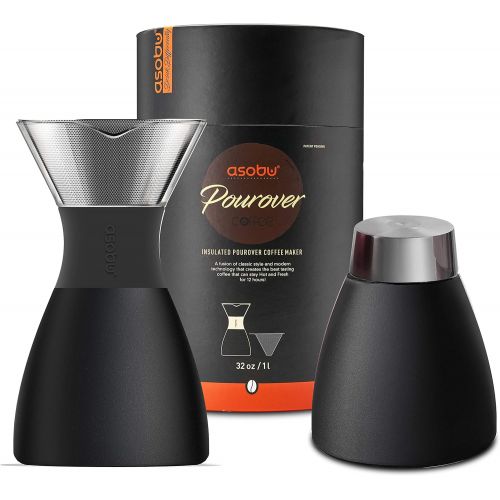  asobu Black Insulated Pour Over Coffee Maker (32 oz.) Double-Wall Vacuum, Stainless-Steel Filter and Take on the Go Carafe (Black)