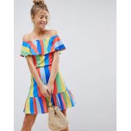 Asos ASOS DESIGN ASOS Off Shoulder Sundress With Tiered Skirt In Rainbow Stripe