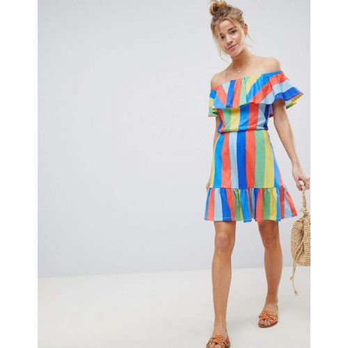  Asos ASOS DESIGN ASOS Off Shoulder Sundress With Tiered Skirt In Rainbow Stripe