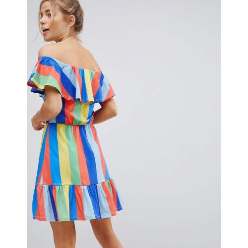  Asos ASOS DESIGN ASOS Off Shoulder Sundress With Tiered Skirt In Rainbow Stripe