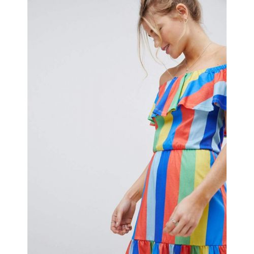  Asos ASOS DESIGN ASOS Off Shoulder Sundress With Tiered Skirt In Rainbow Stripe