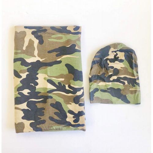  Aspen Lane Large Premium Knit Baby Camo Swaddle and Hat Set Made in USA 44x44 Receiving Blanket Hospital Set