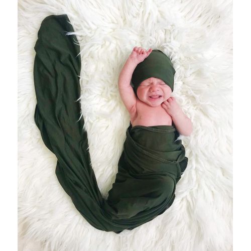  Aspen Lane Large Premium Knit Baby Olive Green Swaddle and Hat Set Made in USA 44x44 Receiving Blanket...