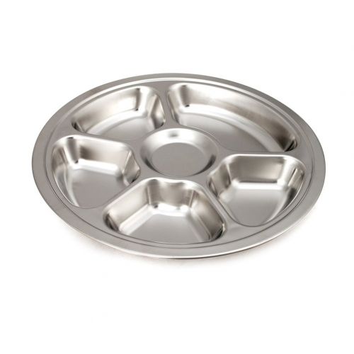  Aspire Reusable Lunch Tray Dinner Plate for Cafeteria, Stainless Steel, Round, 1 Pc-6 Sections
