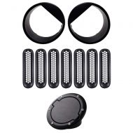 Astra Depot Set Mesh Grille Insert and Angry Eye Headlight Bezels with Fuel Filler Door Gas Tank Cap Cover Compatible with 2007-2017 Jeep Wrangler JK