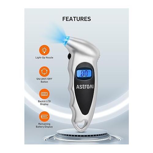  AstroAI Digital Tire Pressure Gauge 0-150PSI（Accurate in 0.1 Increments），4 Units for Car Truck Bicycle with Backlight LCD and Presta Valve Adaptor, Silver (1 Pack)
