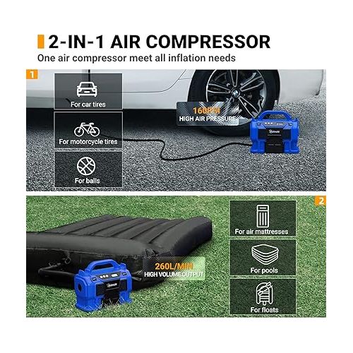  AstroAI Tire Inflator Air Compressor Portable Cordless Car Tire Pump 160 PSI 3 Power Supply DC/AC/ 20V Battery with Dual Metal Motors & LCD Pressure Gauge for Tires & Inflatables Blue