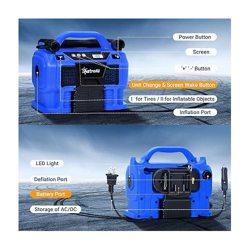  AstroAI Tire Inflator Air Compressor Portable Cordless Car Tire Pump 160 PSI 3 Power Supply DC/AC/ 20V Battery with Dual Metal Motors & LCD Pressure Gauge for Tires & Inflatables Blue