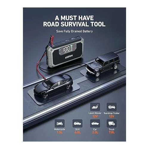  AstroAI Car Jump Starter, 2000A 12V 8-in-1 Battery Jump Starter, Up to 7.0L Gas & 4.0L Diesel Engines, Intuitive LED Screen, Quick Charge 3.0 Power Bank with Cigarette Adapter, Jumper Cable