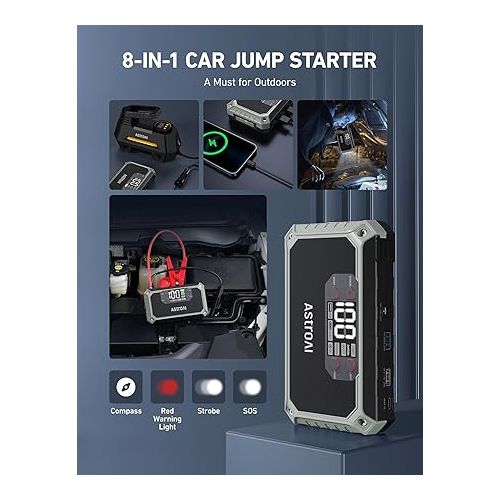  AstroAI Car Jump Starter, 2000A 12V 8-in-1 Battery Jump Starter, Up to 7.0L Gas & 4.0L Diesel Engines, Intuitive LED Screen, Quick Charge 3.0 Power Bank with Cigarette Adapter, Jumper Cable