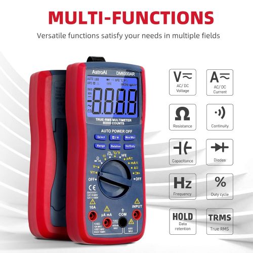  [아마존베스트]AstroAI Digital Multimeter, TRMS 6000 Counts Volt Meter Manual and Auto Ranging; Measures Voltage Tester, Current, Resistance, Continuity, Frequency; Tests Diodes, Transistors, Tem