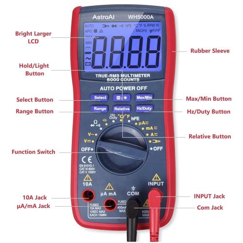  [아마존베스트]AstroAI Digital Multimeter, TRMS 6000 Counts Volt Meter Manual and Auto Ranging; Measures Voltage Tester, Current, Resistance, Continuity, Frequency; Tests Diodes, Transistors, Tem