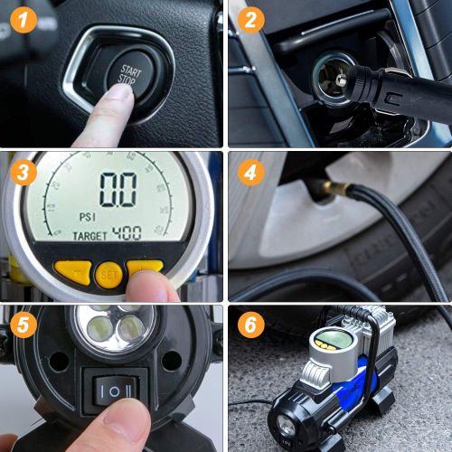  AstroAI Portable Air Compressor Pump, Digital Tire Inflator 12V DC Electric Gauge with Larger Air Flow 35L/Min, LED Light, Overheat Protection, Extra Nozzle Adaptors and Fuse, Blue