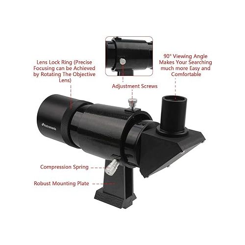  Astromania 9x50 Angled Finder Scope, Black - You will no longer need to strain your neck at difficult angles and are also able to search for objects which are not so easy to find