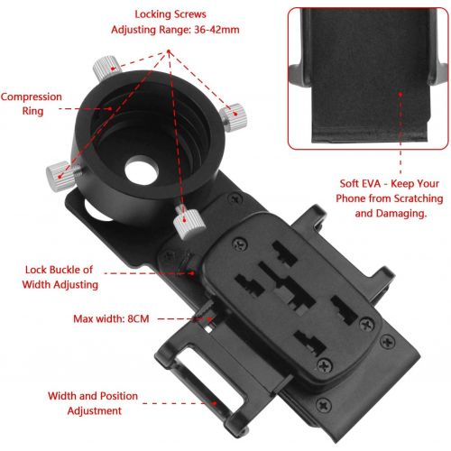  Astromania Smartphone iPhone Adapter with T2 Thread and Eyepiece Adapter 36-42mm - for Photography with telescopes and Spotting Scope or Binoculars