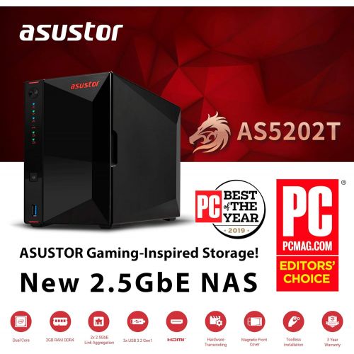  [아마존베스트]Asustor AS5202T | Gaming Inspired Network Attached Storage | 2.0GHz Dual-Core, Two 2.5GbE Port, 2GB RAM DDR4, 4GB eMMC Flash Memory | Personal Private Cloud (2 Bay Diskless NAS)