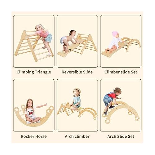  Asweets Pikler Triangle Set, 5 in 1 Foldable Montessori Climbing Set with Ramp, Baby Climbing Toys for Indoor Playground, Jungle Gym for Kids with Arch Climber, Rocker, Suitable for Toddlers