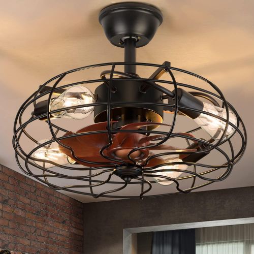  Asyko 20-inch Caged Ceiling Fan with Lights Remote Control,Low profile Small Industrial Fandelier Black Ceiling Fan for Farmhouse,Bedroom,Include Led Bulbs