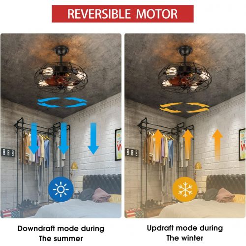  Asyko 20-inch Caged Ceiling Fan with Lights Remote Control,Low profile Small Industrial Fandelier Black Ceiling Fan for Farmhouse,Bedroom,Include Led Bulbs