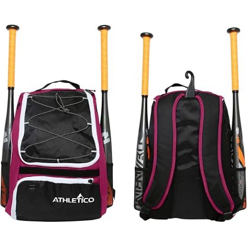  Athletico Baseball Bat Bag - Backpack for Baseball, T-Ball & Softball Equipment & Gear for Youth and Adults | Holds Bat, Helmet, Glove, & Shoes |Shoe Compartment & Fence Hook