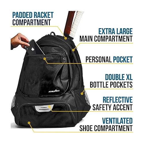  Athletico Premier Tennis Backpack - Tennis Bag Holds 2 Rackets in Padded Compartment | Separate Ventilated Shoe Compartment | Tennis Bags for Men or Women