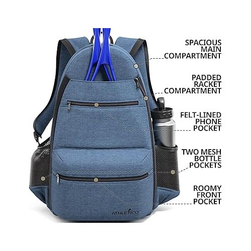  Athletico City Tennis Bag - Tennis Backpack for Men & Women Holds 2 Tennis Rackets and Shoes - Tennis Bags With Racquet Holder For Tennis, Pickleball, Squash & Badminton - Tennis Bags for Women