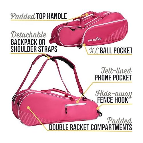  Athletico 6 Racquet Tennis Bag | Padded to Protect Rackets & Lightweight | Professional or Beginner Tennis Players | Unisex Design for Men, Women, Youth and Adults