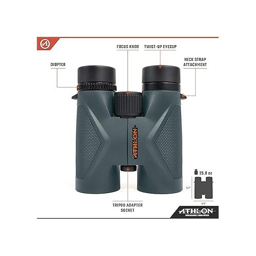  Athlon Optics 8x42 Midas UHD Gray Binoculars with ED Glass for Adults and Kids, High-Powered Binoculars for Hunting, Birdwatching, and More