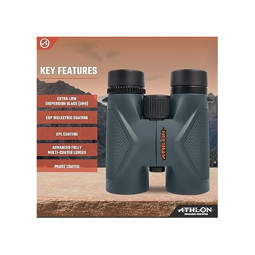  Athlon Optics 8x42 Midas UHD Gray Binoculars with ED Glass for Adults and Kids, High-Powered Binoculars for Hunting, Birdwatching, and More