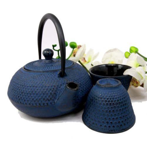  Atlantic Collectibles Japanese Imperial Dots Blue Cast Iron Teapot Set With Trivet and Cups Serves 2 People Asian Home Decor Tea Pot