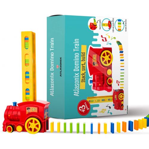  [아마존베스트]Atlasonix Domino Train Set - 80 Pcs. Fun and Colorful Train That Prepares Your Domino Rally Experience Quickly and Automatically for Boys and Girls Age 3-8 | Red