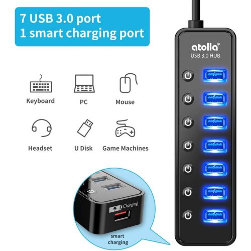  [아마존 핫딜] [아마존핫딜]Powered USB Hub 3.0, Atolla 7-Port USB Data Hub Splitter with One Smart Charging Port and Individual On/Off Switches and 5V/4A Power Adapter USB Extension for MacBook, Mac Pro/Mini