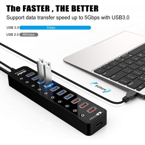  Powered USB 3.0 Hub, Atolla USB 3.0 Data Hub 11 Ports - 7 USB 3.0 Data Ports + 4 Smart Charging Port with Individual OnOff Switches and 12V4A Power Adapter USB Hub 3.0 Splitter