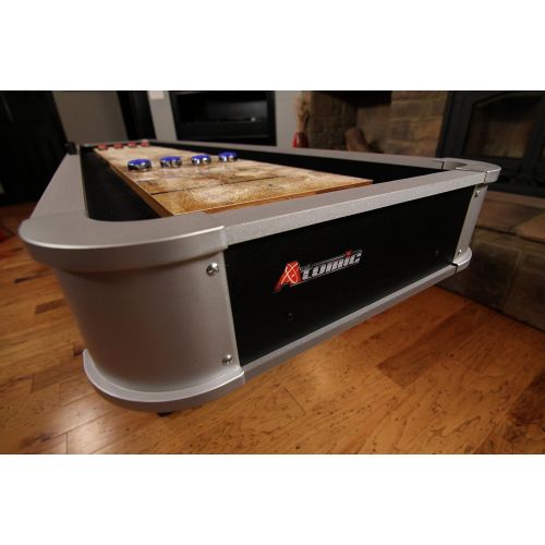 아토믹 Atomic 9’ Platinum Shuffleboard Table with Poly-coated Playing Surface for Smooth, Fast Puck Action and Pedestal Legs with Levelers for Optimum Stability and Level Play