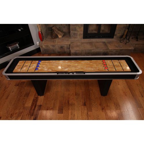 아토믹 Atomic 9’ Platinum Shuffleboard Table with Poly-coated Playing Surface for Smooth, Fast Puck Action and Pedestal Legs with Levelers for Optimum Stability and Level Play