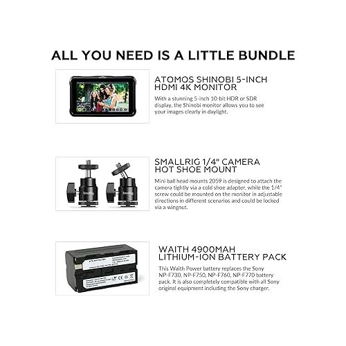  Atomos Shinobi 5-Inch 4K Photo and Video Portable Monitor | 1920 x 1080 Touchscreen Display Video Monitors with HDMI 2.0 In/Out | SmallRig Camera Hot Shoe Mount, Battery & Charger Bundle Set