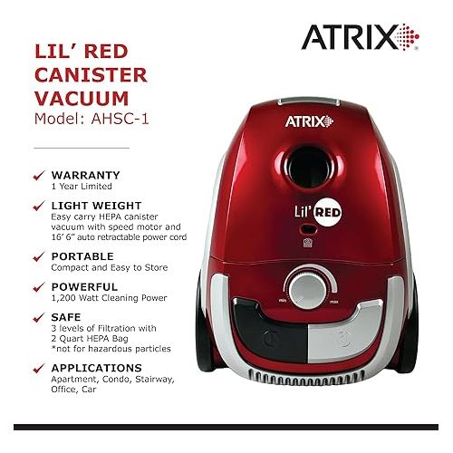  AHSC-1 Atrix Lil Red Canister Vacuum Portable Canister vacuum w/ 2 Quart HEPA Filter & Variable Speed Motor