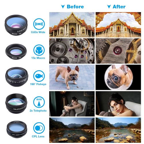  Atrix Photographic Cell Phone Telephoto Camera Lens 10 in 1 Kit Fisheye Lens 198° + 0.63x Wide Angle& 15X Macro Lens + Kaleidoscope + CPL HD Universal Zoom Lens Clip-on for Iphone X88 Plus77 Plus