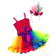 Attitude Studio Rainbow Unicorn Costume, Hot Pink Ruffled Top, Colorful Tutu Skirt, Glitter Flower Horn Ears Head Band - Pretend Play Halloween Birthday Party - Tulle Dress Up, Lit