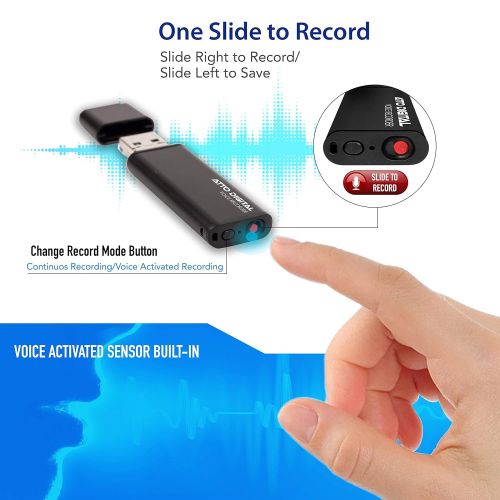  Attodigit@l Slim Voice Activated Recorder  USB Flash Drive | 26 Hours Battery | 8GB - 94 Hours Capacity | 512 Kbps Audio Quality | Easy to Use USB Memory Stick Sound Recorder | lightREC by aT