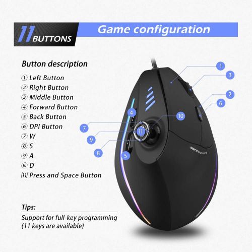  Attoe Vertical Mouse, Ergonomic USB Wired Vertical Mouse with [5 D Rocker] [10000 DPI] [11 Programmable Buttons], RGB Gaming Mouse for Gamer/PC/Laptop/Computer