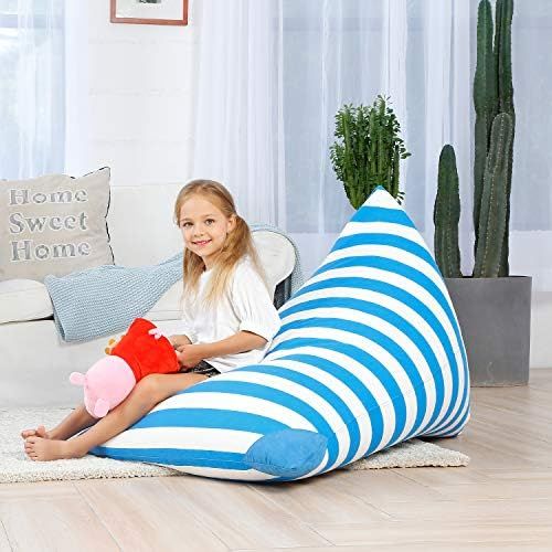  [아마존베스트]Aubliss Stuffed Animal Storage Bean Bag Chair Cover for Kids, Girls and Adults, Beanbag Cover Only, 23 Inch Long YKK Zipper, Premium Cotton Canvas, Xmas Gift Ideas(Blue Stripe)