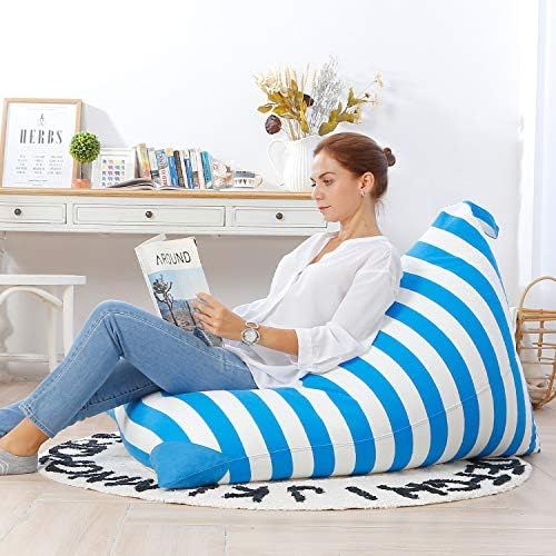  [아마존베스트]Aubliss Stuffed Animal Storage Bean Bag Chair Cover for Kids, Girls and Adults, Beanbag Cover Only, 23 Inch Long YKK Zipper, Premium Cotton Canvas, Xmas Gift Ideas(Blue Stripe)