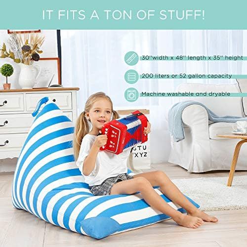  [아마존베스트]Aubliss Stuffed Animal Storage Bean Bag Chair Cover for Kids, Girls and Adults, Beanbag Cover Only, 23 Inch Long YKK Zipper, Premium Cotton Canvas, Xmas Gift Ideas(Blue Stripe)