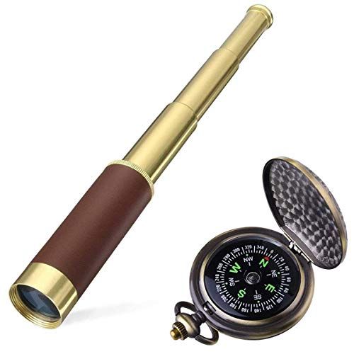  [아마존베스트]Aubric Retro Pirate Telescope Spyglass for Kids Adults Portable Collapsible Handheld Telescope Monocular Zoomable 25x30 & Survival Gear Compass Pocket Military Compass for Outdoor Camping